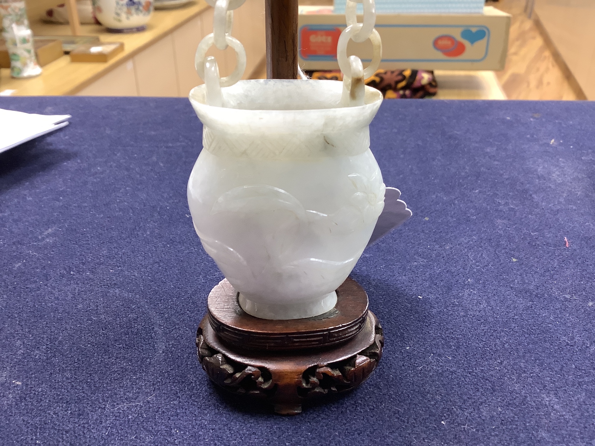 A Chinese celadon jadeite model of a flower basket